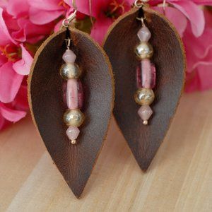 Brown leather and pink beaded earrings.
